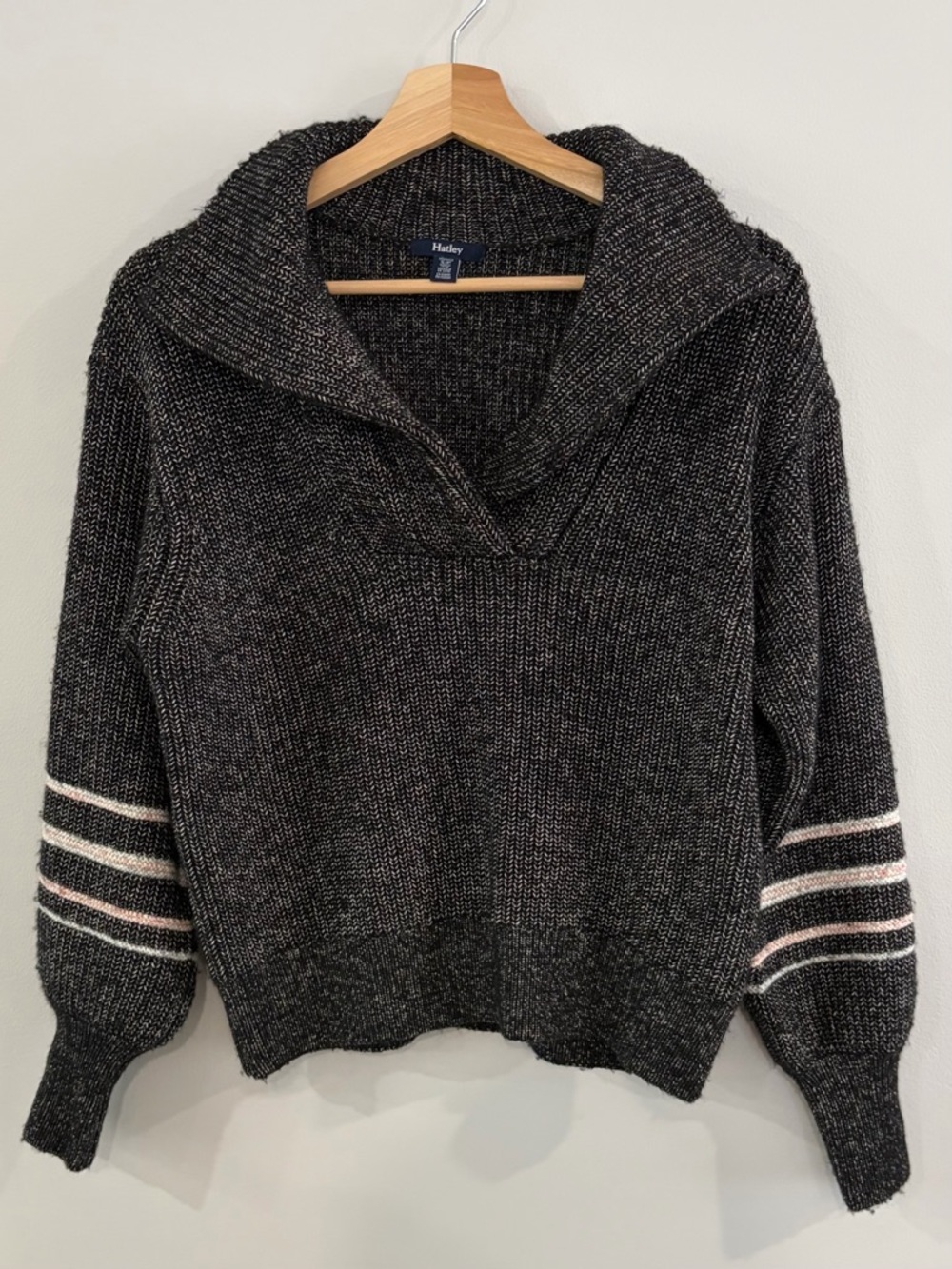 Hatley Charcoal Cowl Neck Sweater with Pink & White Sleeve Stripes